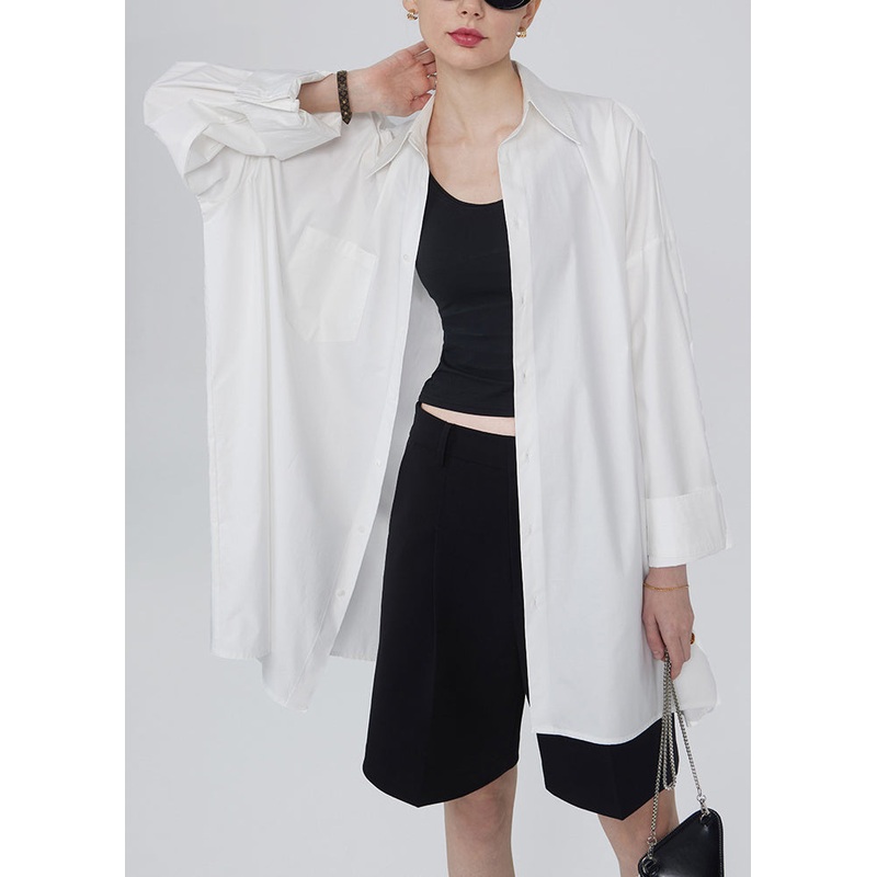 White Pockets Cotton Shirt Tops Peter Pan Collar Long Sleeve