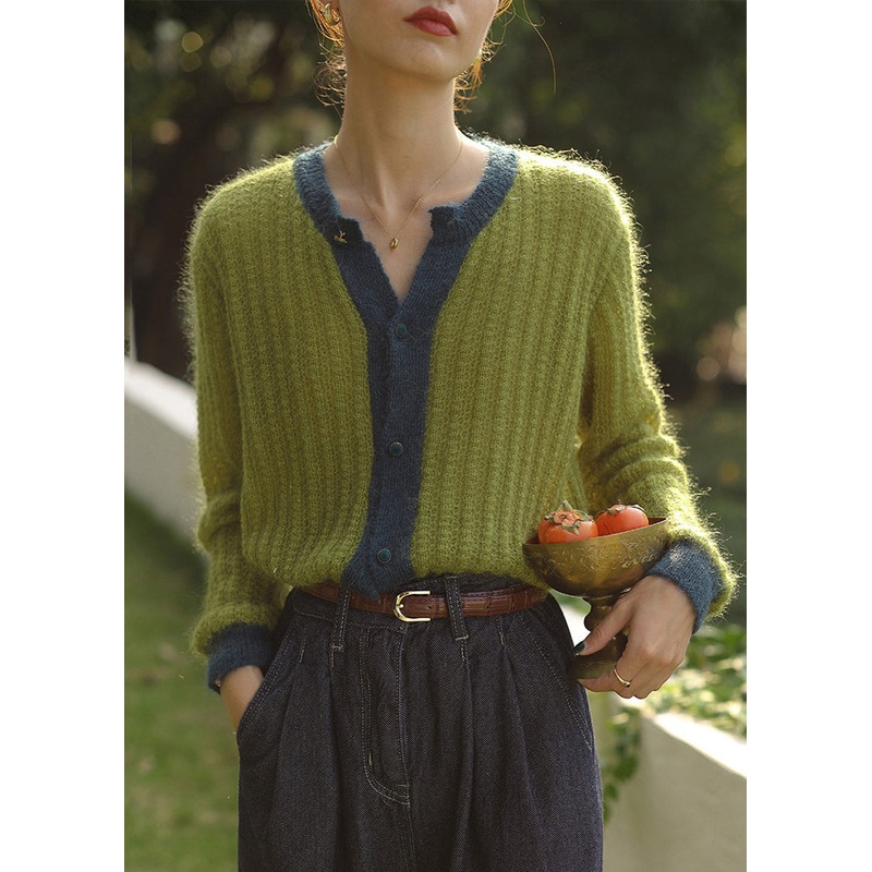 Women Green Button Patchwork Cozy Knit Top Long Sleeve