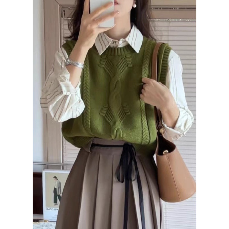 Women Green O Neck Patchwork Cozy Cotton Knit Waistcoat Sleeveless