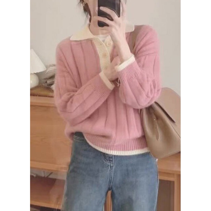 Women Pink Peter Pan Collar Patchwork Cozy Knit Sweaters Fall