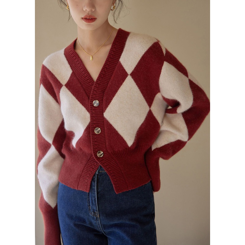 Women Red Plaid Button Patchwork Knit Sweaters Fall